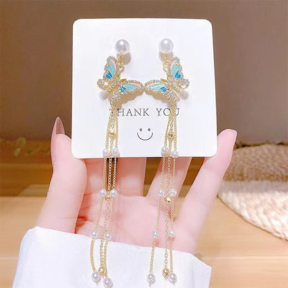 1 Pair Basic Geometric Bow Knot Tassel Plating Inlay Alloy Rhinestones Pearl Drop Earrings