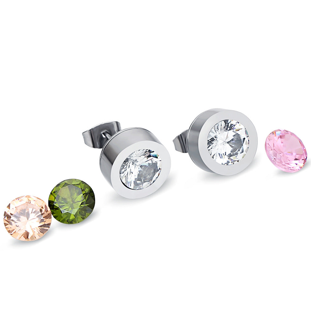 1 Set Simple Style Round Inlay Titanium Steel Zircon Ear Studs