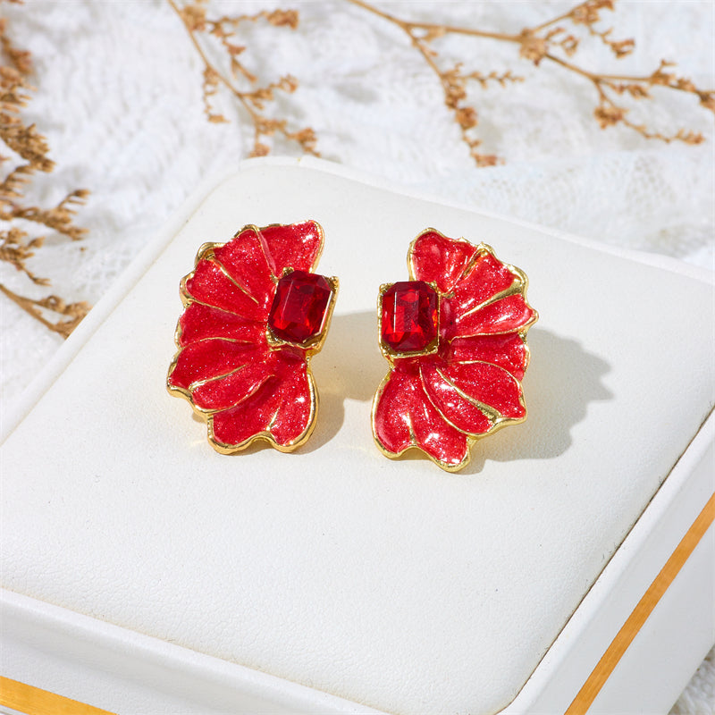 Wholesale Jewelry Ig Style Romantic Flower Alloy Rhinestones Enamel Lacquer Painting Inlay Ear Studs