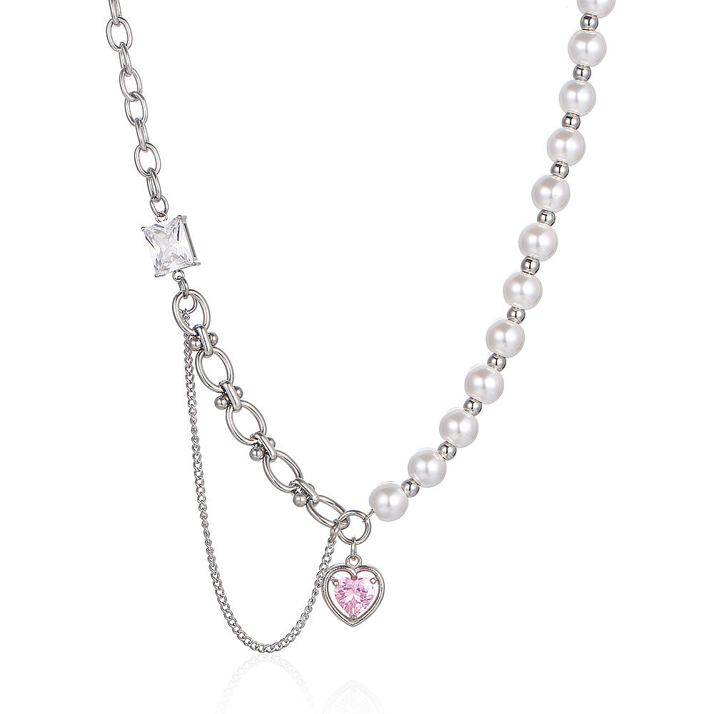 Hip-hop Cool Style Heart Shape Titanium Steel Pearl Chain Inlay Zircon Pendant Necklace