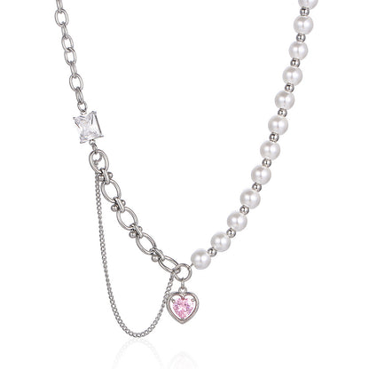 Hip-hop Cool Style Heart Shape Titanium Steel Pearl Chain Inlay Zircon Pendant Necklace