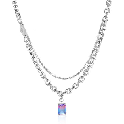 Casual Simple Style Rectangle Titanium Steel Chain Inlay Gem Pendant Necklace Long Necklace