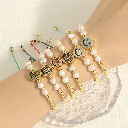 Vintage Style Simple Style Smiley Face Copper Beaded Plating Inlay Zircon 18k Gold Plated Bracelets