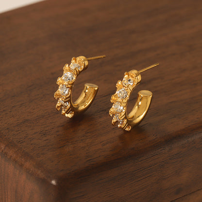 1 Pair Simple Style C Shape Plating Inlay Stainless Steel Rhinestones 18k Gold Plated Ear Studs