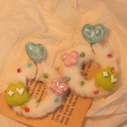 1 Pair Cute Geometric Heart Shape Plush Drop Earrings