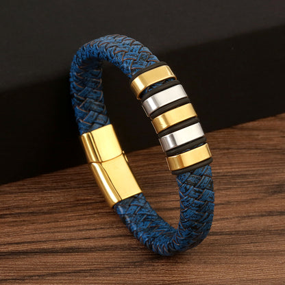 Casual Hip-hop Stripe Plaid Twist Stainless Steel Pu Leather Plating Magnetic Braid Gold Plated Bracelets Bangle