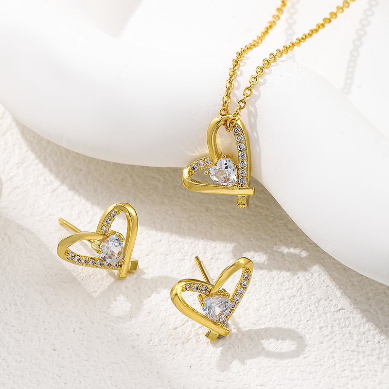 Classic Style Shiny Heart Shape Copper Plating Inlay Zircon 18k Gold Plated Earrings Necklace