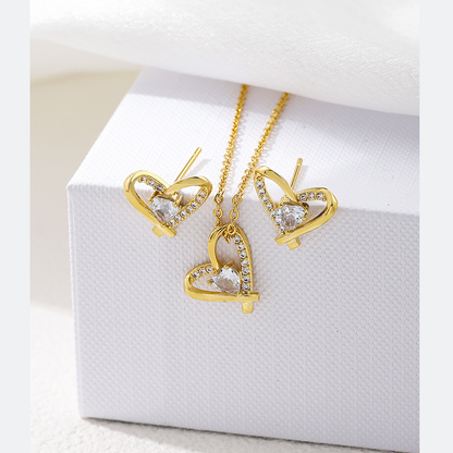 Classic Style Shiny Heart Shape Copper Plating Inlay Zircon 18k Gold Plated Earrings Necklace