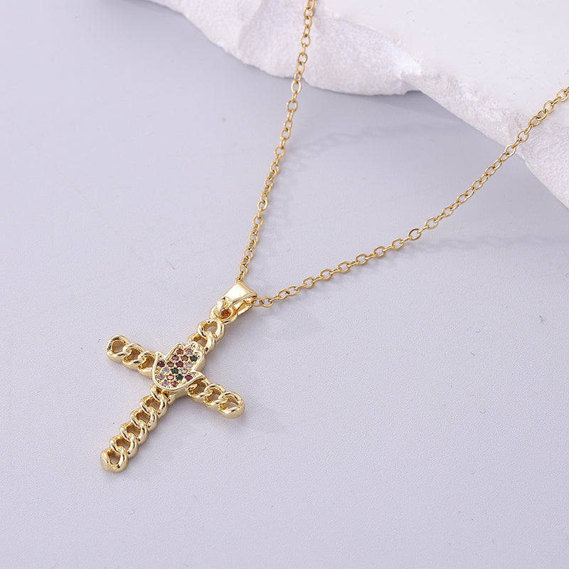 Streetwear Korean Style Cross Stainless Steel Plating Inlay Zircon 18k Gold Plated Pendant Necklace