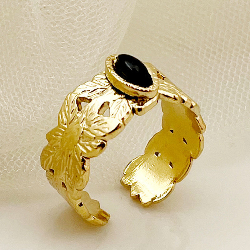 Vintage Style Simple Style Leaves Water Droplets Stainless Steel Plating Inlay Rhinestones Gold Plated Open Rings