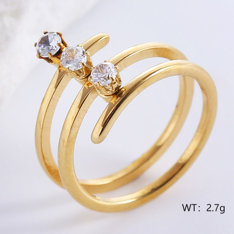 Casual Formal Lines Stainless Steel Inlay Zircon 18k Gold Plated Rings