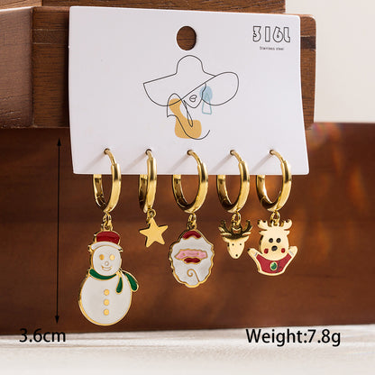 1 Set Cute Classic Style Christmas Tree Santa Claus Snowman Enamel Plating Stainless Steel 14k Gold Plated Drop Earrings