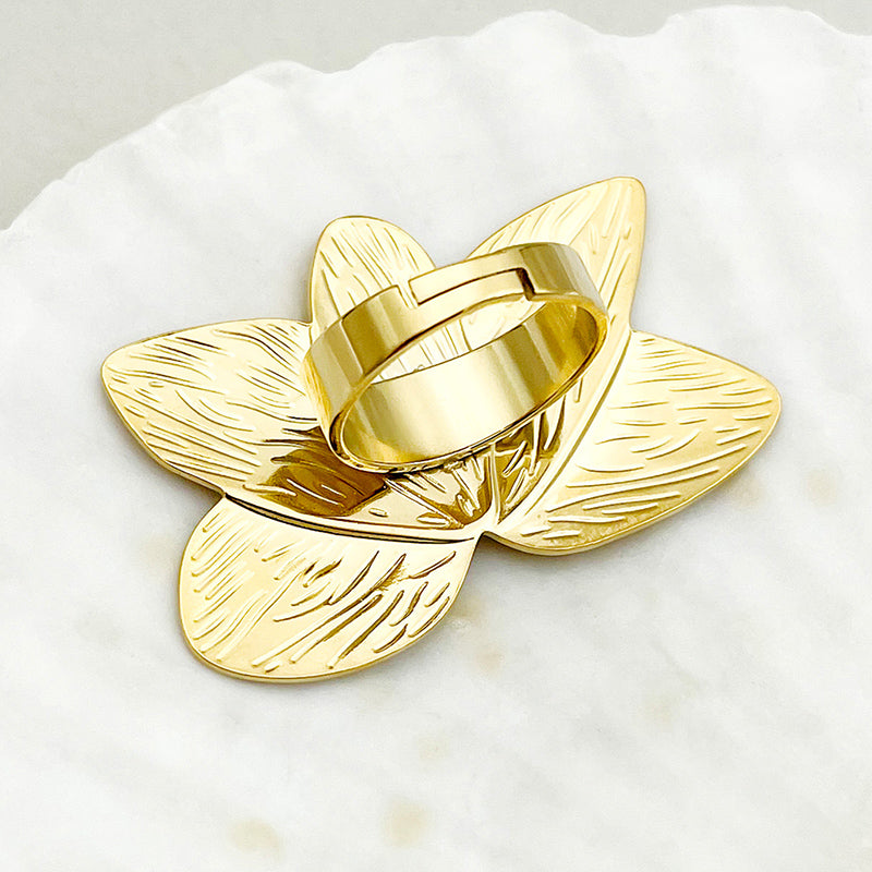 Elegant Pastoral Commute Lotus Stainless Steel Polishing Plating Gold Plated Open Rings