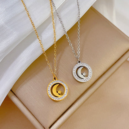 Simple Style Classic Style Moon Titanium Steel Plating Inlay Artificial Gemstones Gold Plated Pendant Necklace