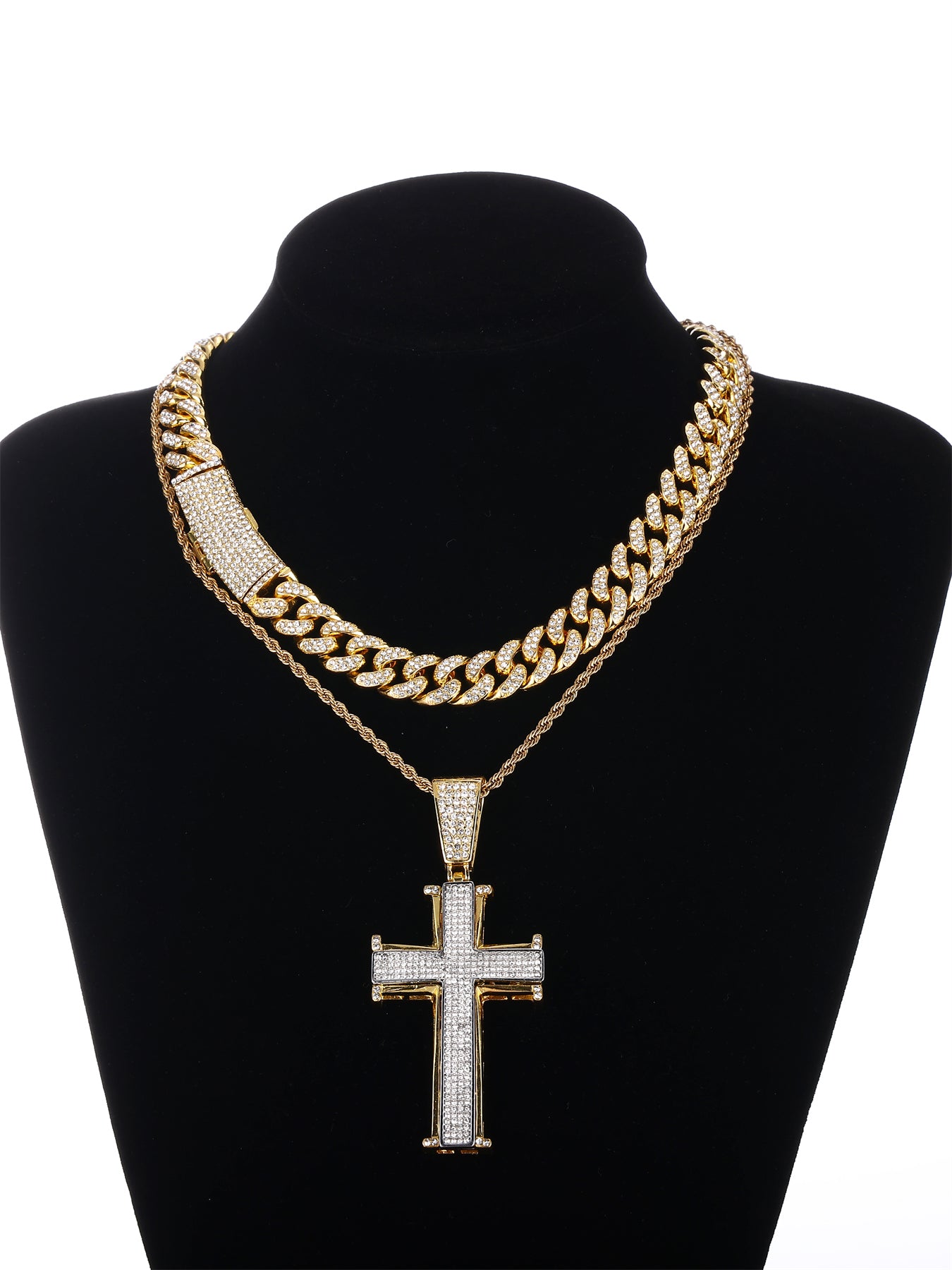 Gothic Hip-hop Punk Cross Zinc Alloy Plating Inlay Rhinestones 18k Gold Plated Men's Pendant Necklace