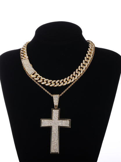 Gothic Hip-hop Punk Cross Zinc Alloy Plating Inlay Rhinestones 18k Gold Plated Men's Pendant Necklace