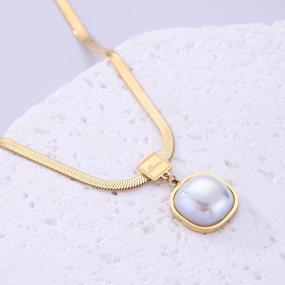 Vintage Style Square Stainless Steel Plating Inlay Pearl 18k Gold Plated Pendant Necklace