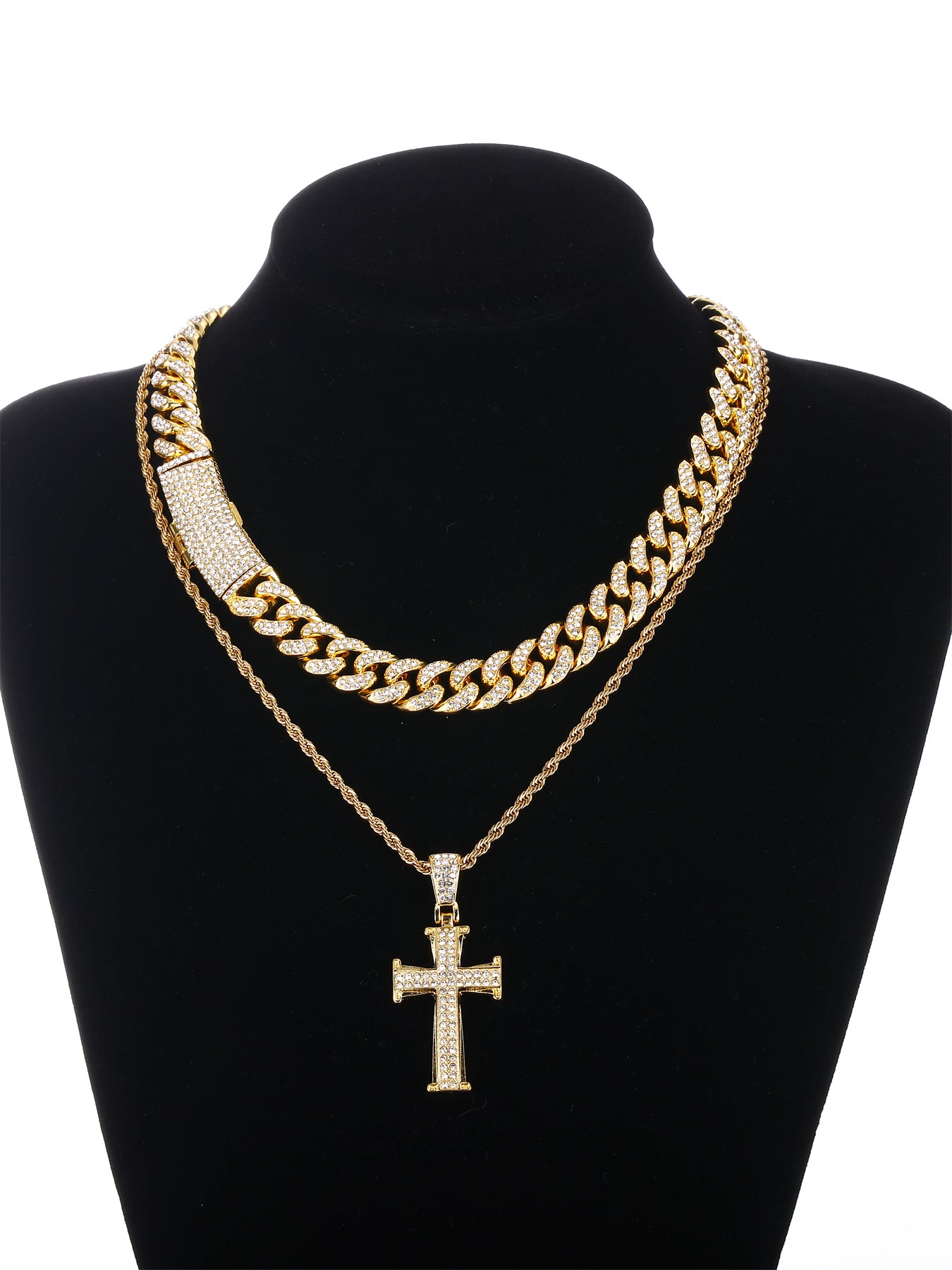 Gothic Hip-hop Punk Cross Zinc Alloy Plating Inlay Rhinestones 18k Gold Plated Men's Pendant Necklace