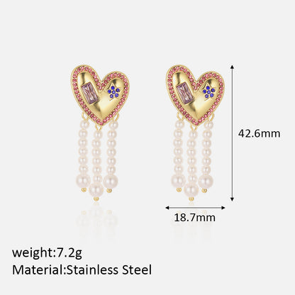 1 Pair Vintage Style Heart Shape Plating Inlay Stainless Steel Zircon 18k Gold Plated Drop Earrings