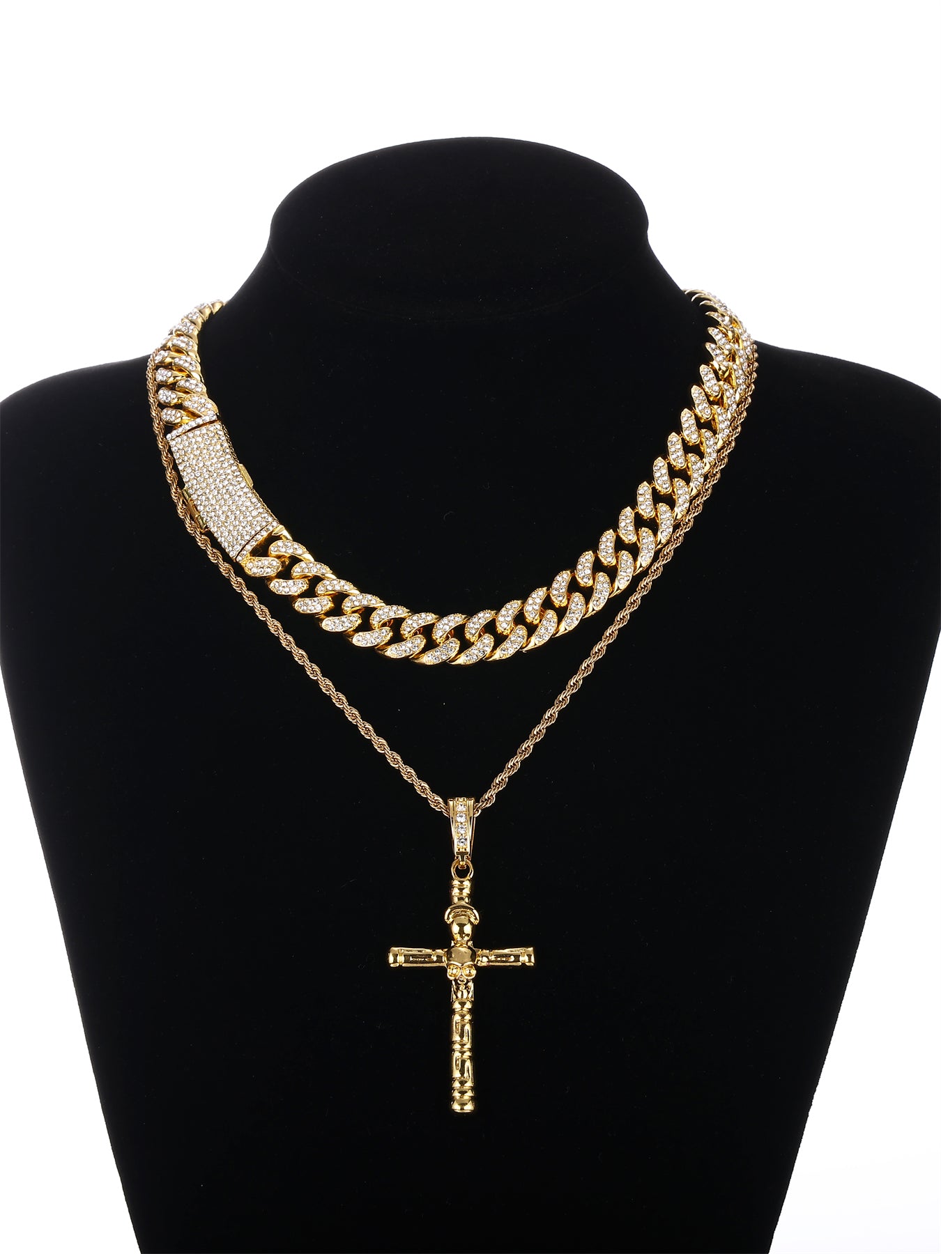 Gothic Hip-hop Punk Cross Zinc Alloy Plating Inlay Rhinestones 18k Gold Plated Men's Pendant Necklace