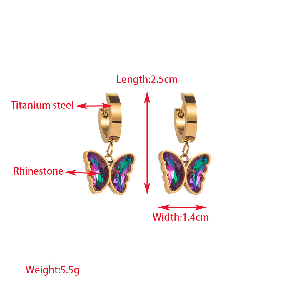 1 Pair Elegant Lady Pentagram Eye Butterfly Inlay Titanium Steel Rhinestones Gold Plated Drop Earrings