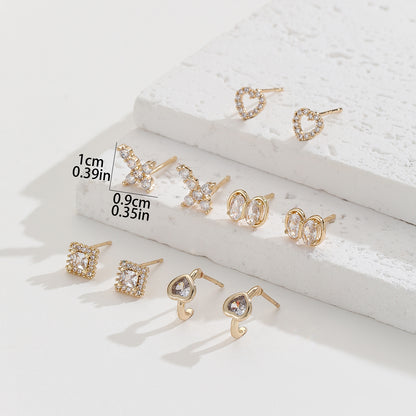 5 Pairs Simple Style Classic Style Cross Heart Shape Bow Knot Plating Inlay Copper Zircon Gold Plated Ear Studs