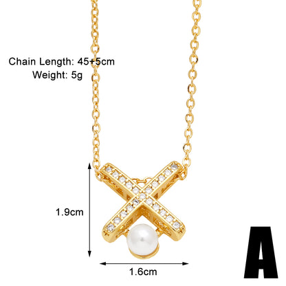 Simple Style Cross Shell Copper 18k Gold Plated Artificial Pearls Zircon Pendant Necklace In Bulk