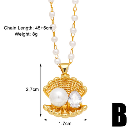 Simple Style Cross Shell Copper 18k Gold Plated Artificial Pearls Zircon Pendant Necklace In Bulk