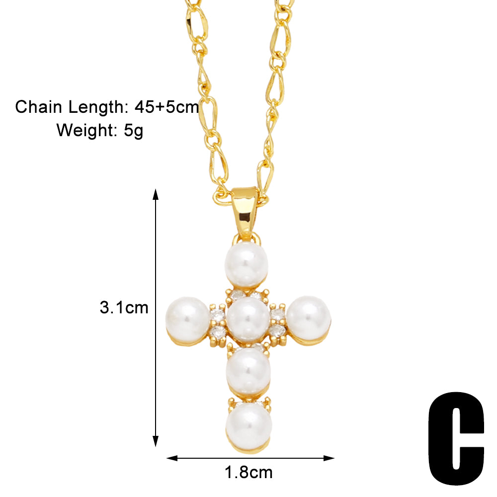 Simple Style Cross Shell Copper 18k Gold Plated Artificial Pearls Zircon Pendant Necklace In Bulk