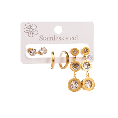 1 Set Elegant Round Heart Shape Bee Inlay Titanium Steel Rhinestones Gold Plated Drop Earrings