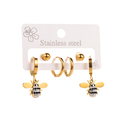 1 Set Elegant Round Heart Shape Bee Inlay Titanium Steel Rhinestones Gold Plated Drop Earrings