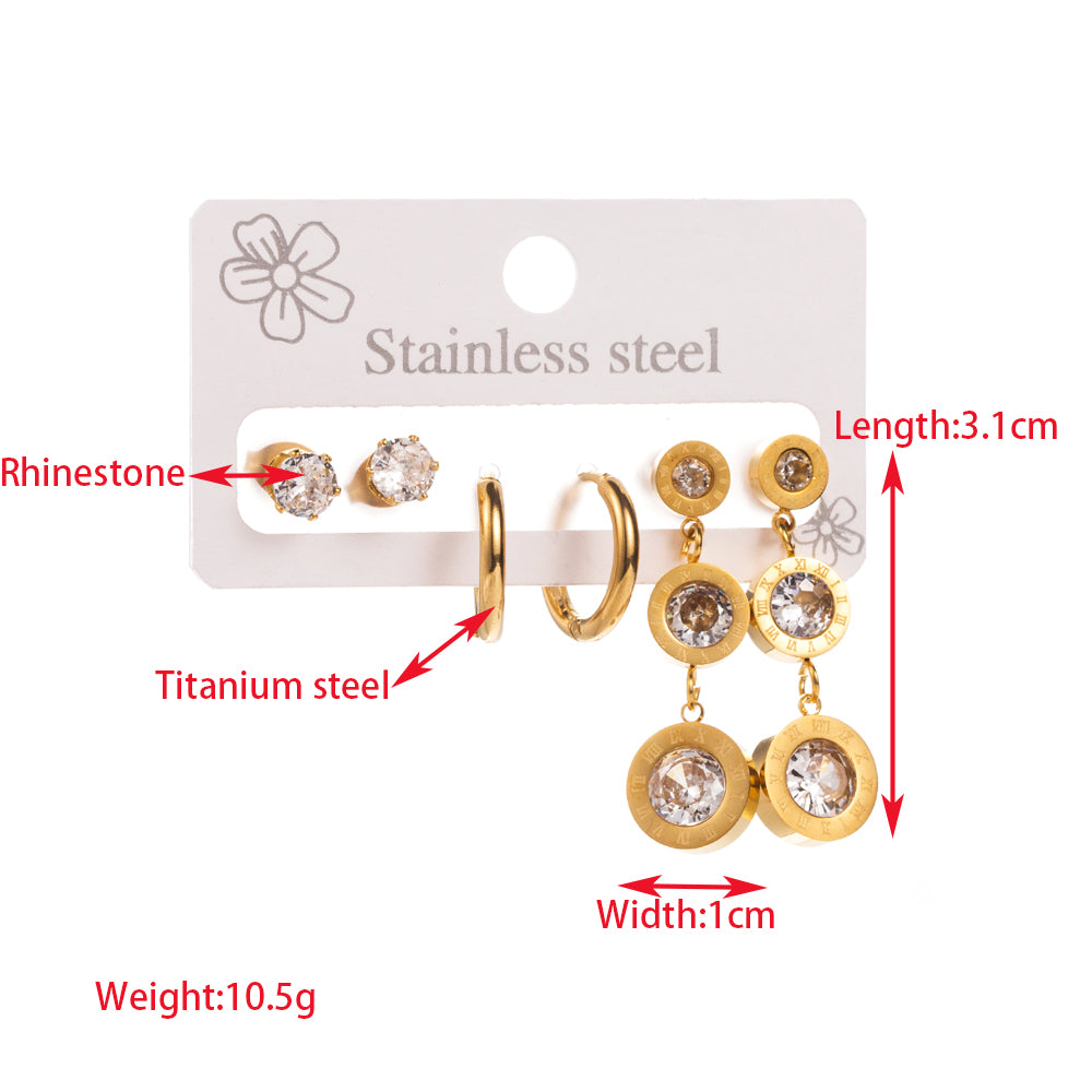 1 Set Elegant Round Heart Shape Bee Inlay Titanium Steel Rhinestones Gold Plated Drop Earrings