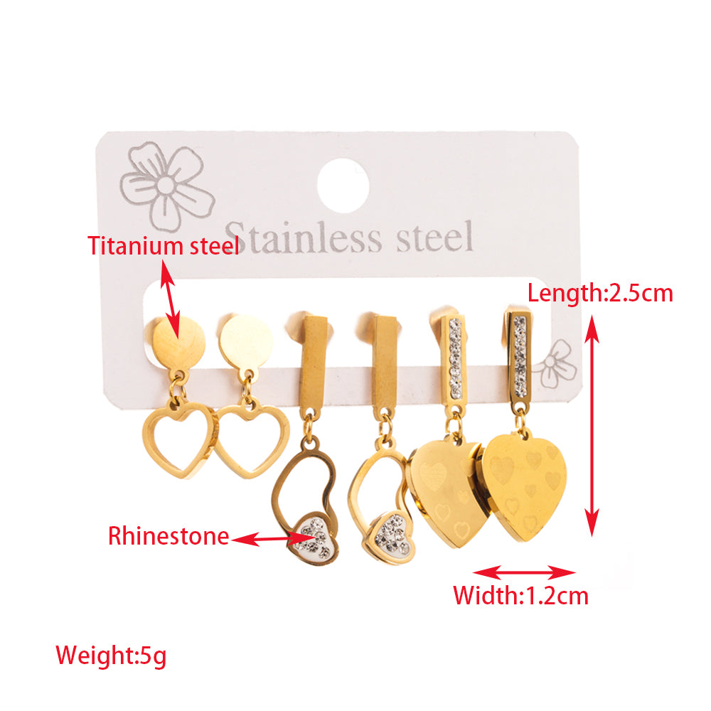 1 Set Elegant Round Heart Shape Bee Inlay Titanium Steel Rhinestones Gold Plated Drop Earrings