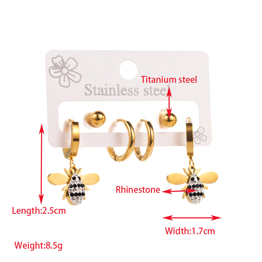 1 Set Elegant Round Heart Shape Bee Inlay Titanium Steel Rhinestones Gold Plated Drop Earrings