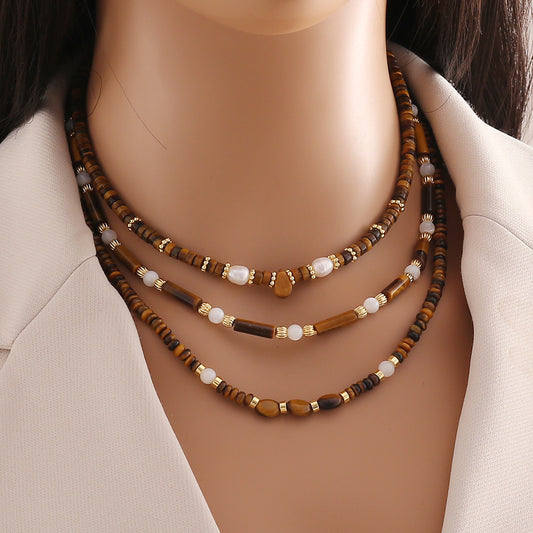 Classic Style Water Droplets Stainless Steel Tiger Eye Copper Beaded Women's Necklace