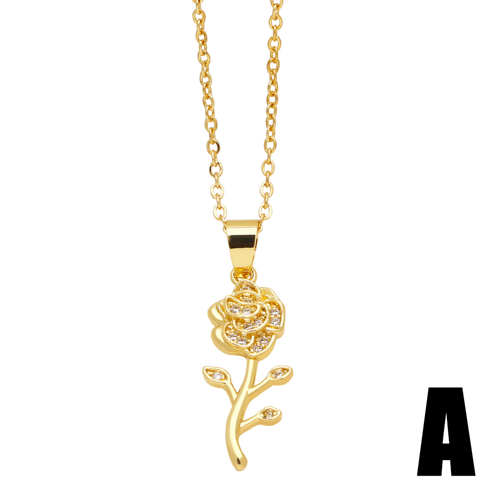 Simple Style Flower Copper Plating Inlay Zircon 18k Gold Plated Pendant Necklace