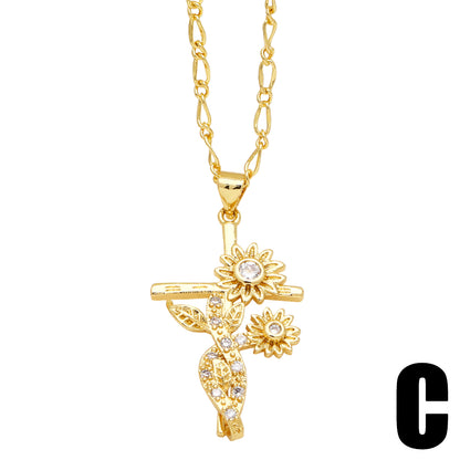 Simple Style Flower Copper Plating Inlay Zircon 18k Gold Plated Pendant Necklace