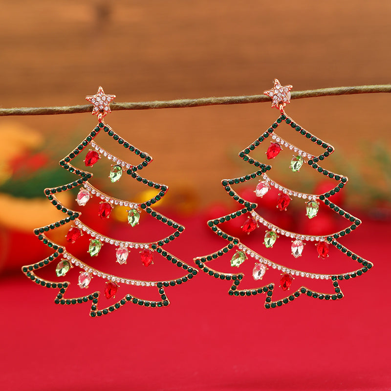 1 Pair Simple Style Christmas Tree Plating Inlay Alloy Rhinestones Gold Plated Drop Earrings