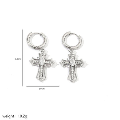 1 Pair Luxurious Cross Plating Inlay Stainless Steel Copper Artificial Rhinestones Zircon 18k Gold Plated White Gold Plated Drop Earrings