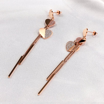 1 Pair Simple Style Shiny Heart Shape Plating Inlay Stainless Steel Rhinestones Rose Gold Plated Drop Earrings