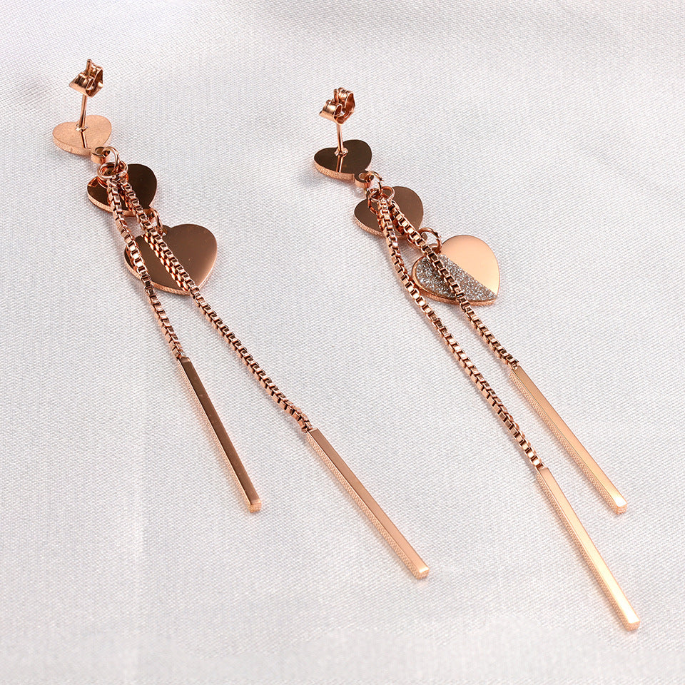 1 Pair Simple Style Shiny Heart Shape Plating Inlay Stainless Steel Rhinestones Rose Gold Plated Drop Earrings