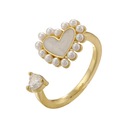 Casual Simple Style Classic Style Heart Shape Petal Snake Copper Plating Hollow Out Inlay Artificial Pearls Zircon 18k Gold Plated Open Rings