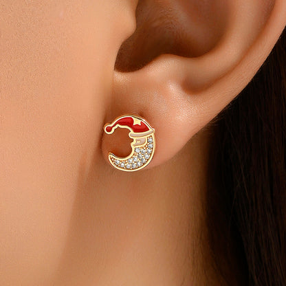 Wholesale Jewelry Cute Sweet Christmas Tree Moon Bow Knot Copper Alloy Zircon 18k Gold Plated Enamel Plating Inlay Ear Studs