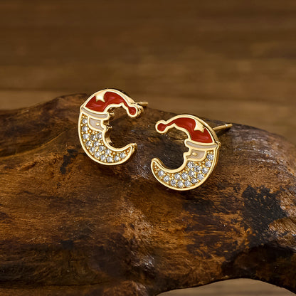 Wholesale Jewelry Cute Sweet Christmas Tree Moon Bow Knot Copper Alloy Zircon 18k Gold Plated Enamel Plating Inlay Ear Studs