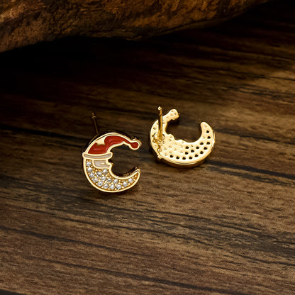 Wholesale Jewelry Cute Sweet Christmas Tree Moon Bow Knot Copper Alloy Zircon 18k Gold Plated Enamel Plating Inlay Ear Studs