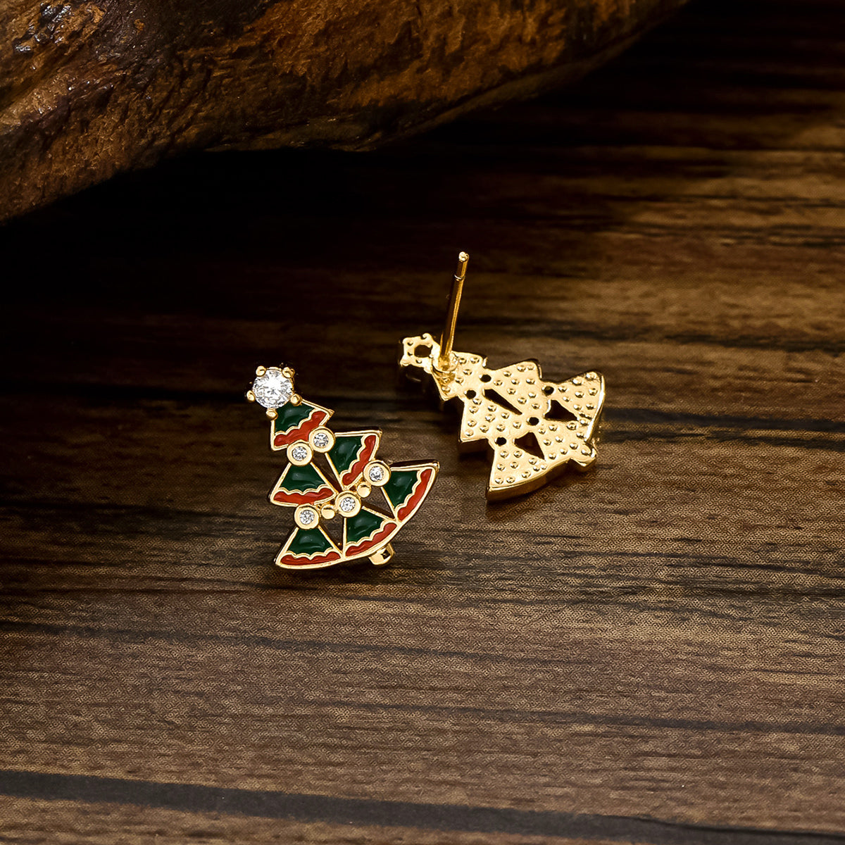 Wholesale Jewelry Cute Sweet Christmas Tree Moon Bow Knot Copper Alloy Zircon 18k Gold Plated Enamel Plating Inlay Ear Studs