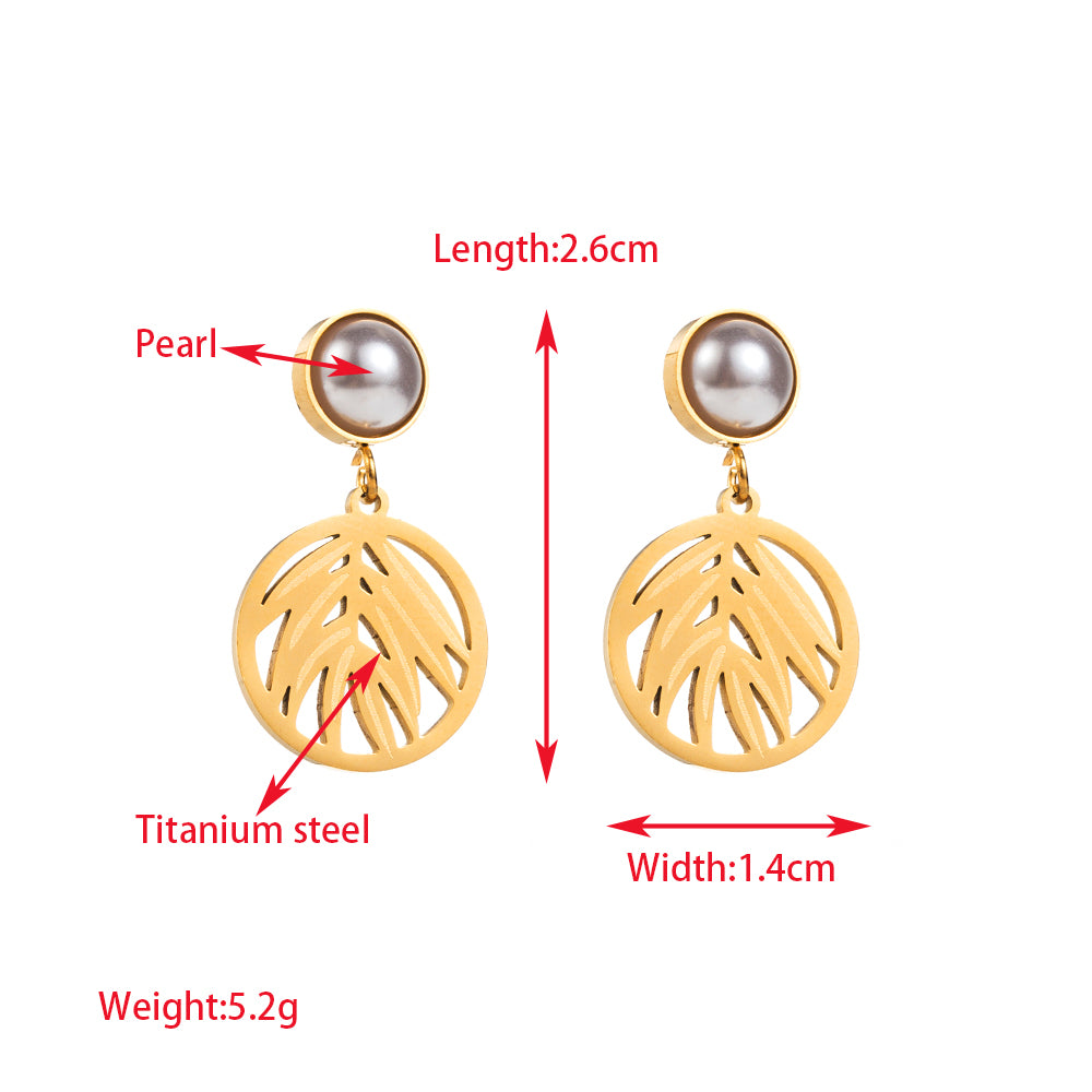 1 Pair Elegant Luxurious Cactus Leaf Heart Shape Hollow Out Inlay Titanium Steel Pearl Gold Plated Drop Earrings