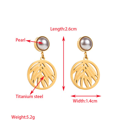 1 Pair Elegant Luxurious Cactus Leaf Heart Shape Hollow Out Inlay Titanium Steel Pearl Gold Plated Drop Earrings