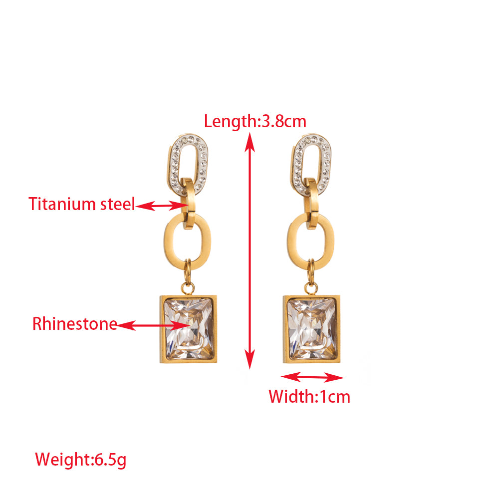 1 Pair Elegant Lady Round Square Heart Shape Inlay Titanium Steel Rhinestones Gold Plated Drop Earrings