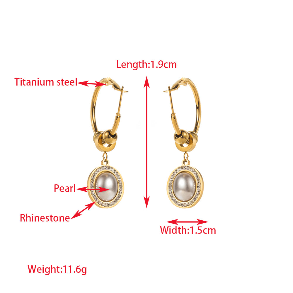 1 Pair Elegant Lady Round Moon Maple Leaf Inlay Carving Titanium Steel Turquoise Pearl Zircon Gold Plated Drop Earrings